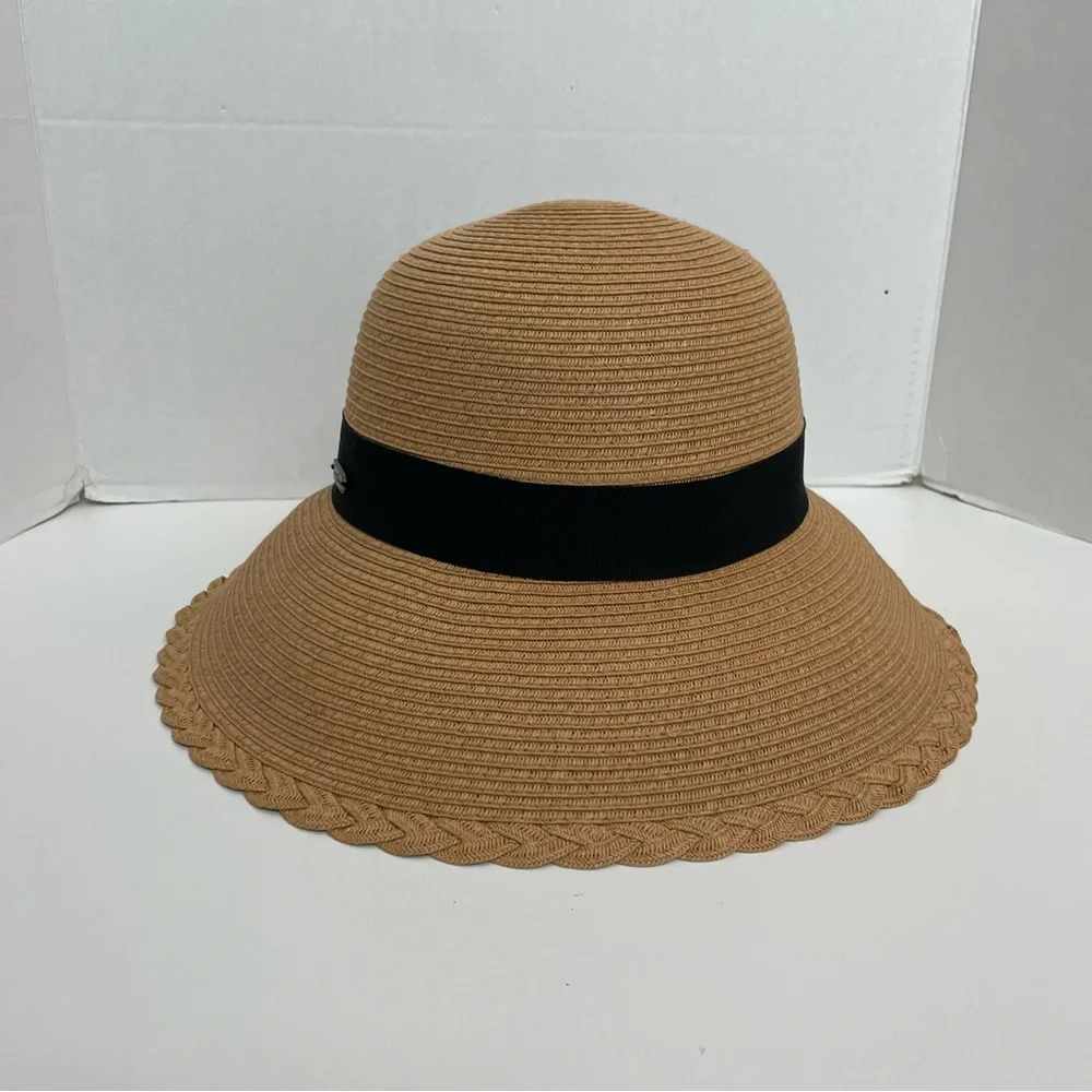Sun N’ Sand Headwear Hat Bucket Braided Adjustable Tan Black UPF 50 Beach Travel